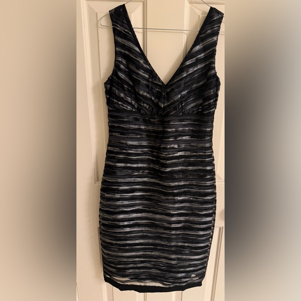 Donna Ricco Black and Silver Striped Cocktail Dress